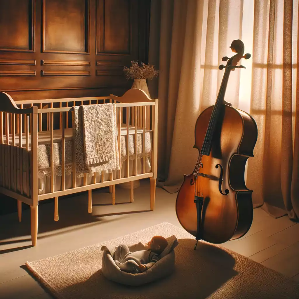 Cello standing beside a crib, symbolising the influence of classical music in the baby development Classical Music