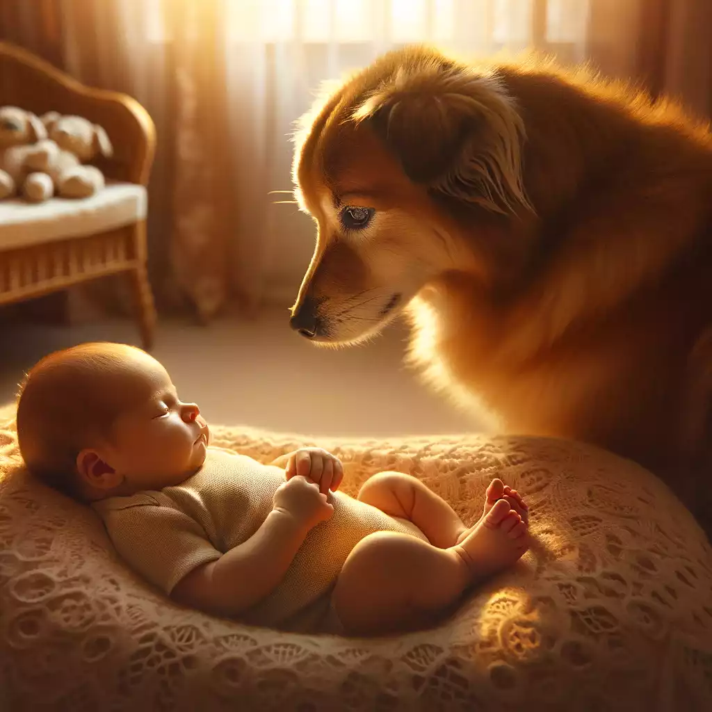 A big dog looking at a babie, showing pets and babies living in the same space