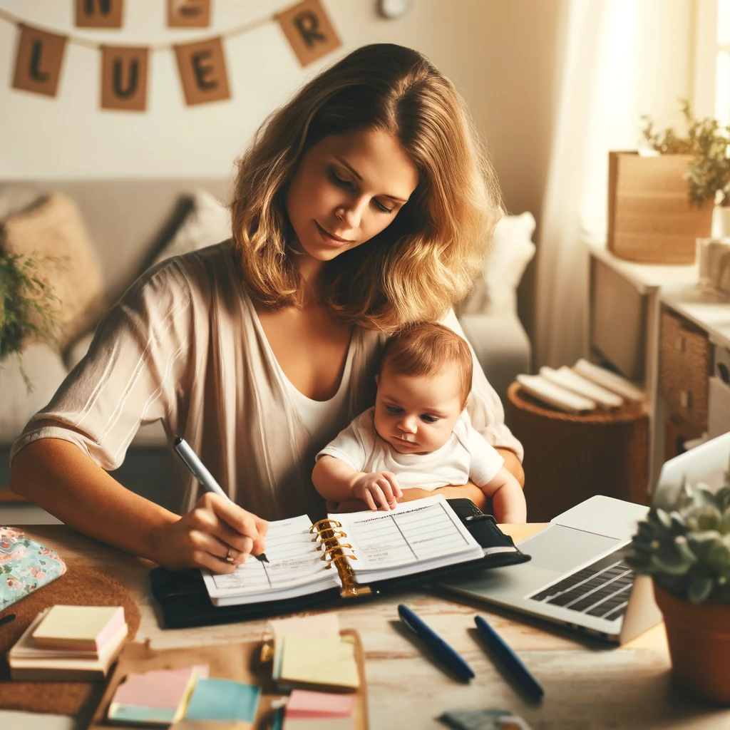 Mamás Trabajadoras Working mom holding her baby. Showing homeoffice as part of the balance between work and motherhood. Berufstätige Mütter, Mães Trabalhadoras: